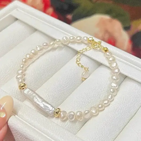 6081 Baroque Small Silver Bar Freshwater Pearl Bracelet,tkmbeautysupply.com