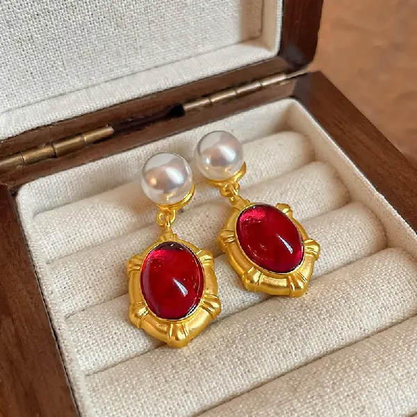 Gold-Silver Needle Pearl Resin Oval Stud Earrings,tkmbeautysupply.com