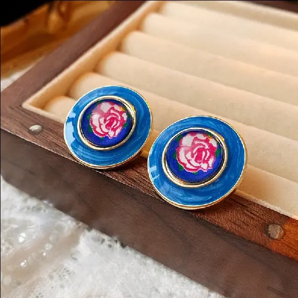 Silver Needle-Blue Oil Drop Rose Flower Earrings.,tkmbeautysupply.com
