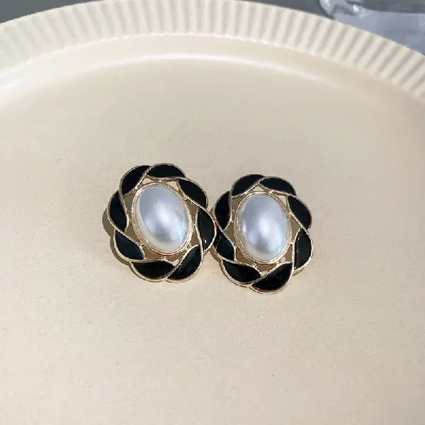 2# Silver Needle Black Oil Drop Flower Pearl Oval Earrings,tkmbeautysupply.com