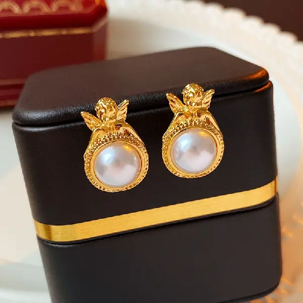 5# Silver Needle Medieval Angel Pearl Earrings,tkmbeautysupply.com