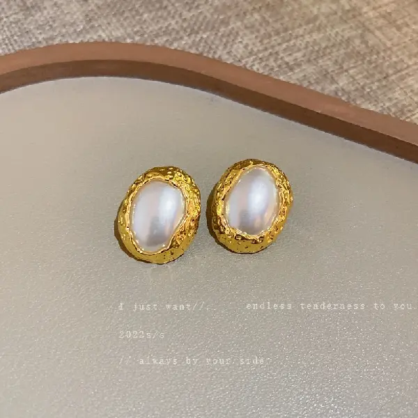 21# silver needle pleated pearl oval stud earrings,tkmbeautysupply.com