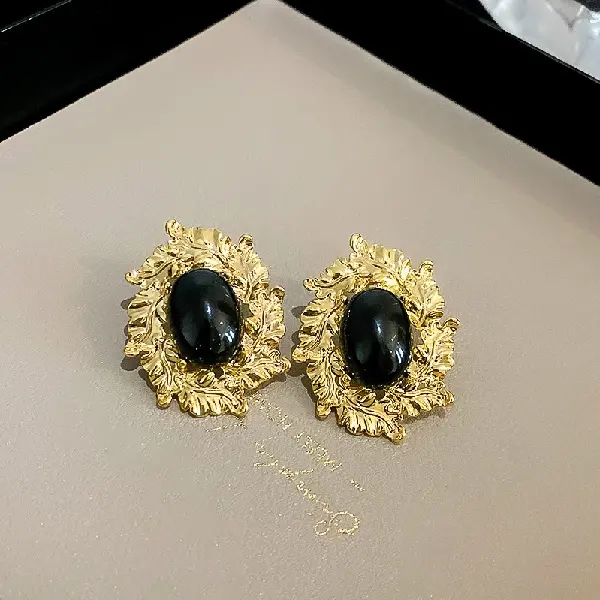 22# Silver Needle Black Medieval Oval Earrings,tkmbeautysupply.com