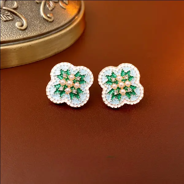 38# Silver Needle Set Diamond Pearl Oil Drop Flower Stud Earrings,tkmbeautysupply.com