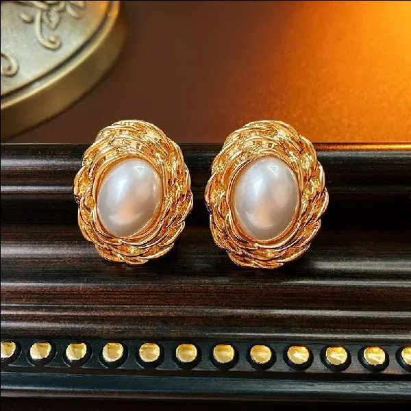 48# silver needle gold oval pearl earrings,tkmbeautysupply.com