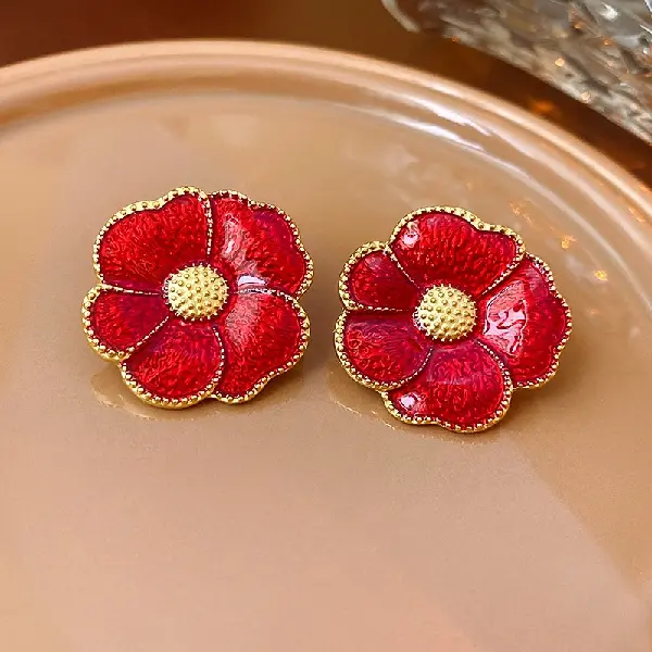 59# silver needle antique red oil drop flower earrings,tkmbeautysupply.com