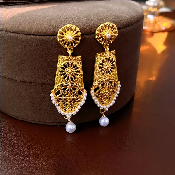 62# Silver Needle Pearl Flower Medieval Earrings,tkmbeautysupply.com
