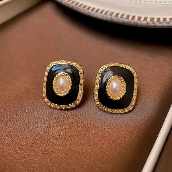 65# real gold electroplated silver needle pearl square earrings,tkmbeautysupply.com