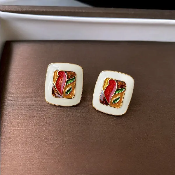 118# Silver Needle Pattern Oil Drop Square Stud Earrings,tkmbeautysupply.com
