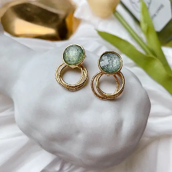 Silver Needle Vintage Green Brushed Round Earrings,tkmbeautysupply.com
