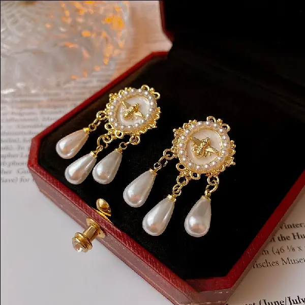 Silver Needle Oval Bee Pearl Drop Tassel Earrings,tkmbeautysupply.com