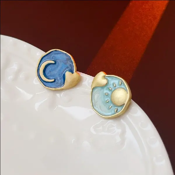 Silver Needle Oil Drop Love Sun Moon Star Earrings,tkmbeautysupply.com