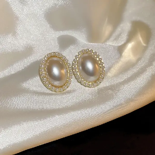 Silver Needle Pearl White Oval Earrings,tkmbeautysupply.com