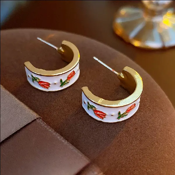 Silver Needle Tulip Flower C Shape Earrings,tkmbeautysupply.com