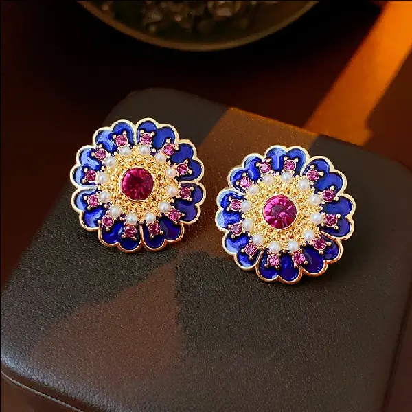 Silver Needle Antique Oil Drop Diamond Pearl Flower Earrings,tkmbeautysupply.com