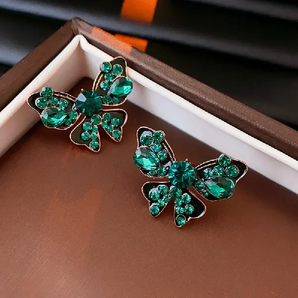 Silver Needle Antique Gold Green Diamond Butterfly Water Drop Oil Earrings,tkmbeautysupply.com