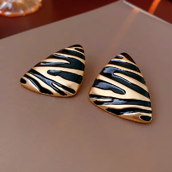 Real gold plated silver needle black pattern triangle earrings,tkmbeautysupply.com