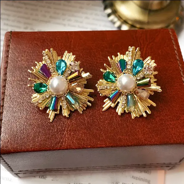 Silver Needle Set Diamond Crystal Flower Pearl Earrings,tkmbeautysupply.com
