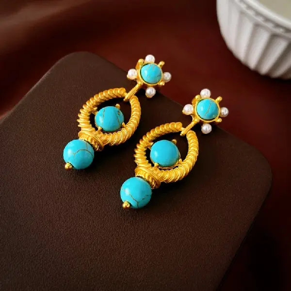 Silver Needle Medieval Round Turquoise Water Drop Hollow Pearl Tassel Earrings,tkmbeautysupply.com