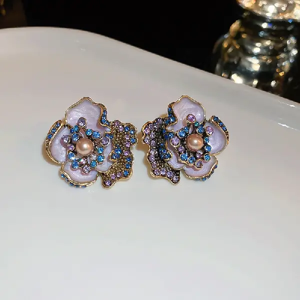 11# Silver Needle-Diamond Shijia Pearl Oil Drop Flower Stud Earrings,tkmbeautysupply.com