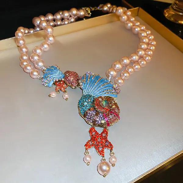 15# Necklace-Diamond Shell Star Conch Pearl Double Layer,tkmbeautysupply.com