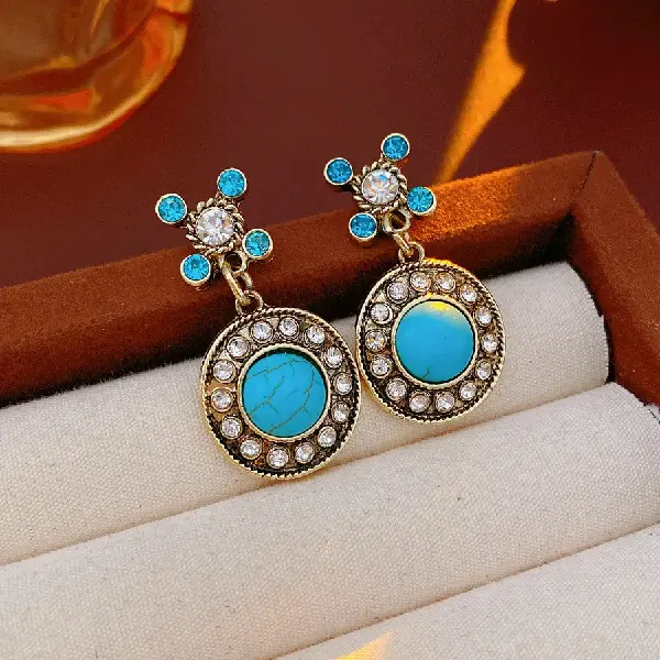 20# Silver Needle-Water Diamond Head Round Retro Palace Style Pendant Earrings,tkmbeautysupply.com