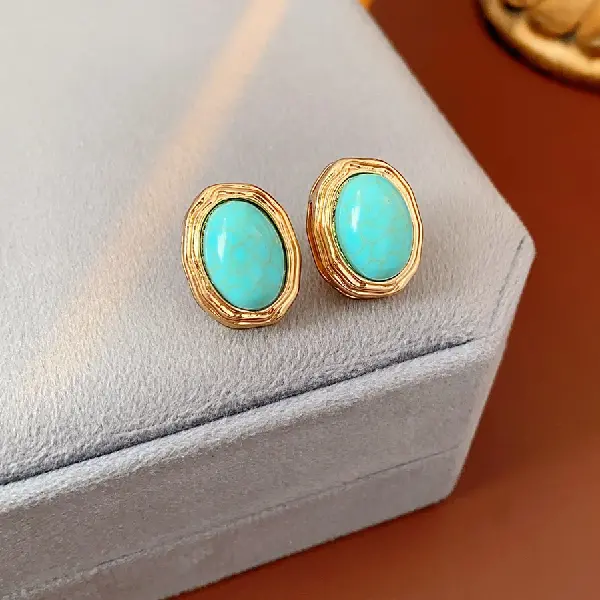 31# Silver Needle-Oval Green Stone Stud Earrings,tkmbeautysupply.com