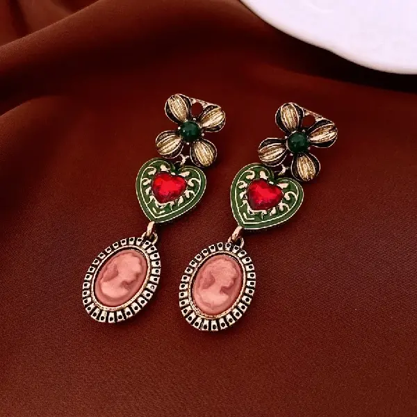 37# Silver Needle-Flower Diamond Love Portrait Stud Earrings,tkmbeautysupply.com