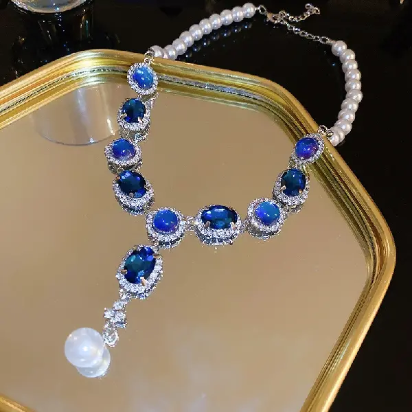57# necklace-diamond oval glass pearl tassel,tkmbeautysupply.com