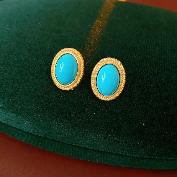 61# Silver Needle-Oval Gemstone Stud Earrings,tkmbeautysupply.com