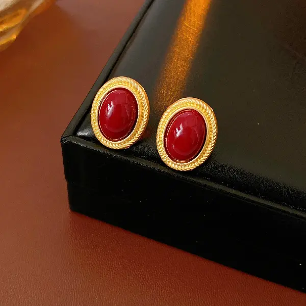 63# Silver Needle-Oval Gemstone Stud Earrings,tkmbeautysupply.com