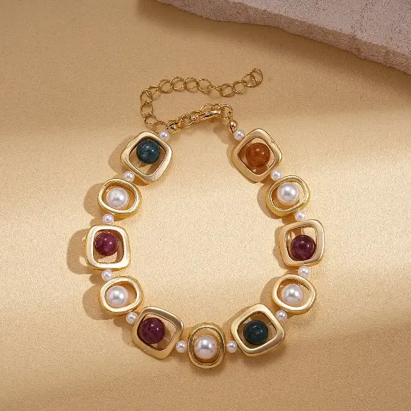 65# Bracelet-Stone Pearl Round Beads Geometric Hollow,tkmbeautysupply.com