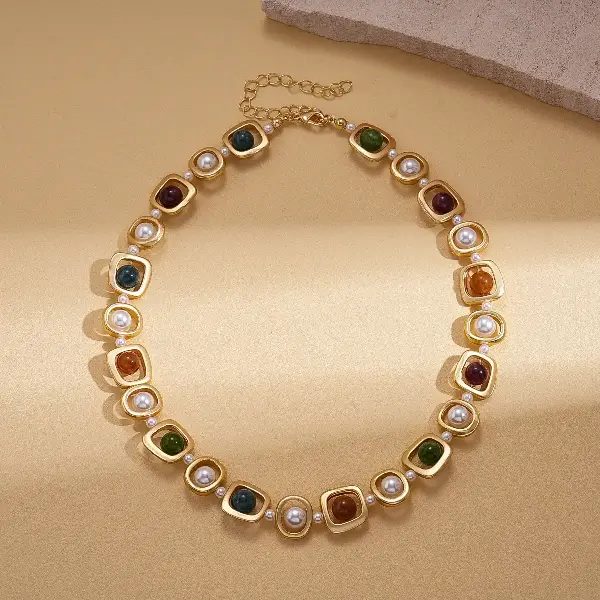 66# Necklace-Stone Pearl Round Beads Geometric Hollow,tkmbeautysupply.com