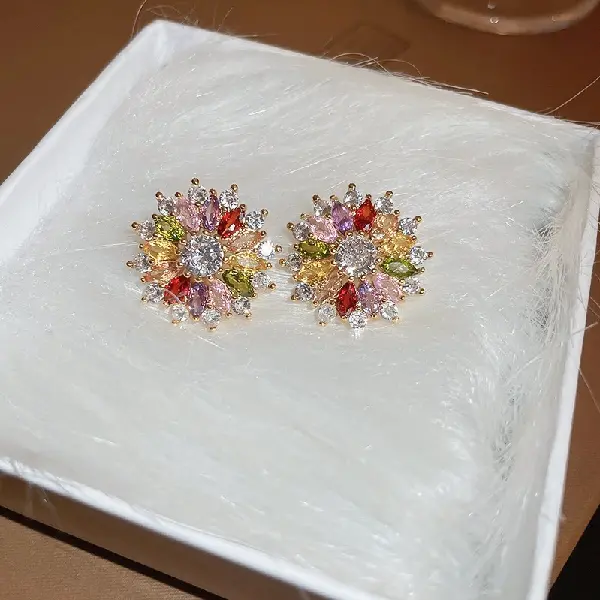 73# Silver Needle-Zircon Flower Stud Earrings (Real Gold Plating),tkmbeautysupply.com