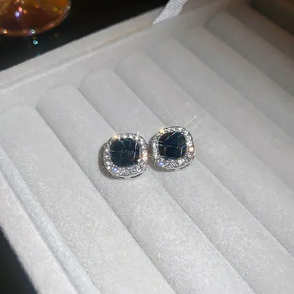75# Silver Needle-Diamond Square Hollow Stud Earrings (Black Diamond 8mm),tkmbeautysupply.com