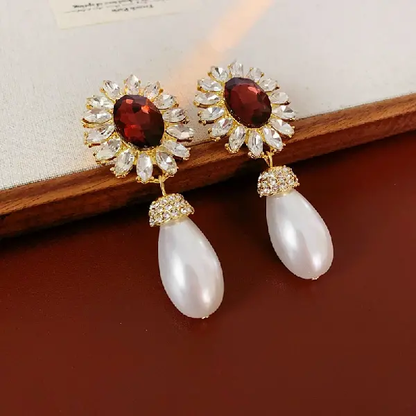 81# Silver Needle-Flower Diamond Drop Pearl Stud Earrings,tkmbeautysupply.com