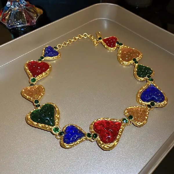 83# Necklace-Emerald Diamond Colorful Pleated Heart,tkmbeautysupply.com