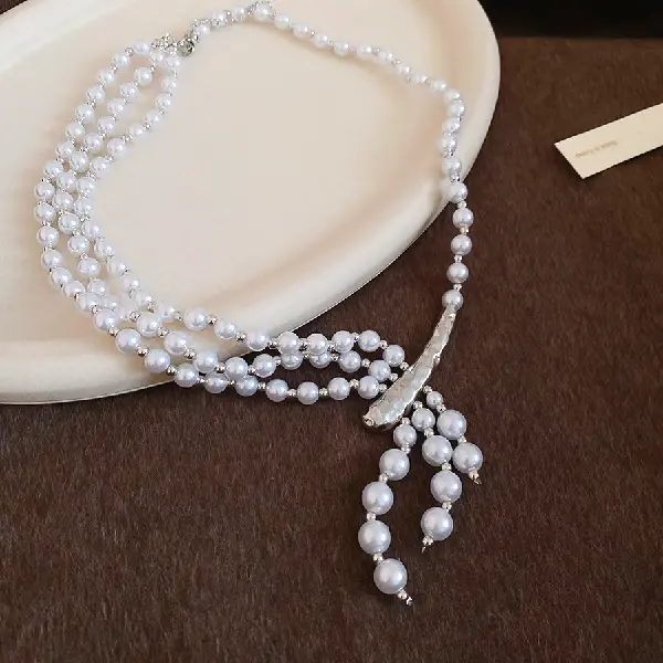 93# Necklace-Glass Pearl Beads Multi-layered Asymmetry,tkmbeautysupply.com