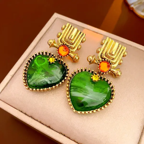 Silver Needle Green Love Glass Earrings,tkmbeautysupply.com