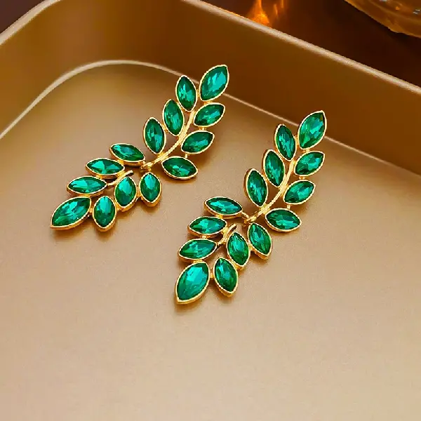 Silver Needle Diamond Green Leaf Tassel Earrings,tkmbeautysupply.com
