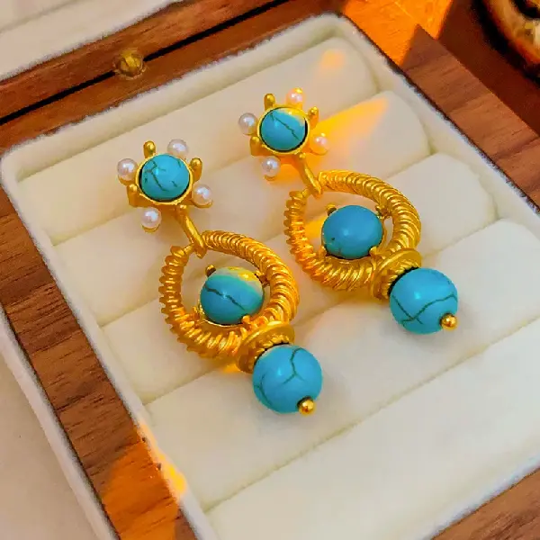 Silver needle hollow turquoise metal drop earrings,tkmbeautysupply.com