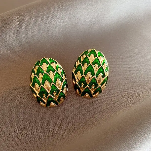Green-Silver Needle Oil Drop Oval Pattern Stud Earrings,tkmbeautysupply.com