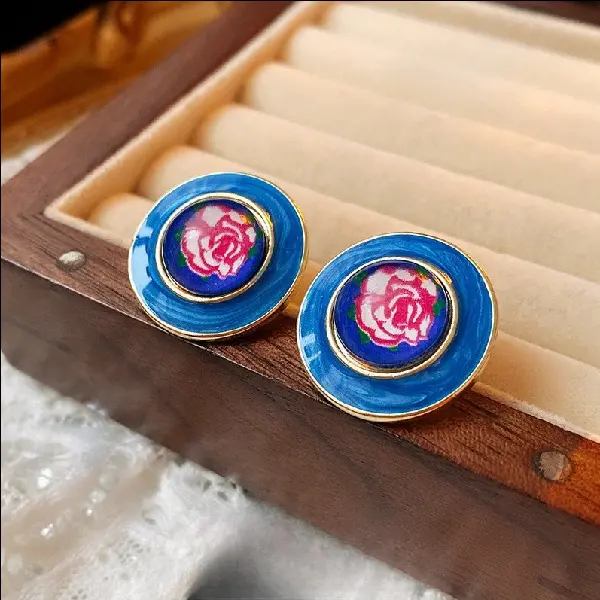 Silver Needle-Blue Oil Drop Rose Flower Earrings,tkmbeautysupply.com