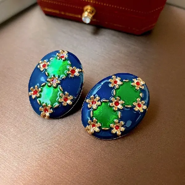 20# silver needle oil dripping flower oval earrings,tkmbeautysupply.com