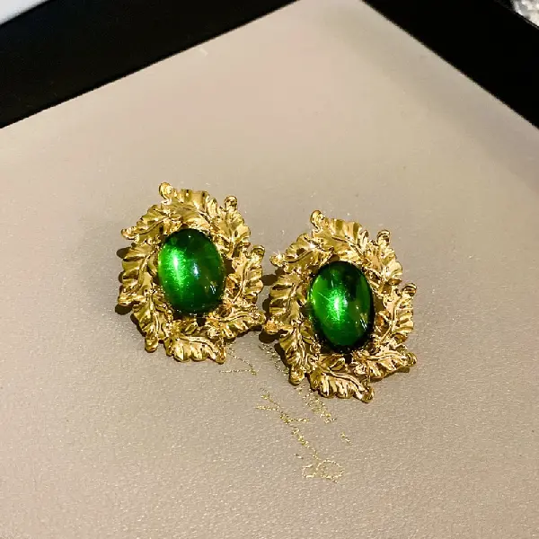 23# Silver Needle Green Medieval Oval Earrings,tkmbeautysupply.com