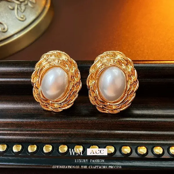 48# silver needle gold oval pearl earrings,tkmbeautysupply.com