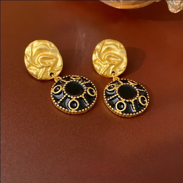75# black silver needle medieval round oil dripping irregular earrings,tkmbeautysupply.com