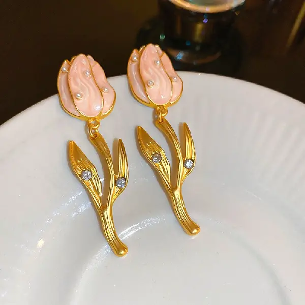 86# Silver Needle Medieval Diamond-Drip Oil Pearl Tulip Earrings,tkmbeautysupply.com