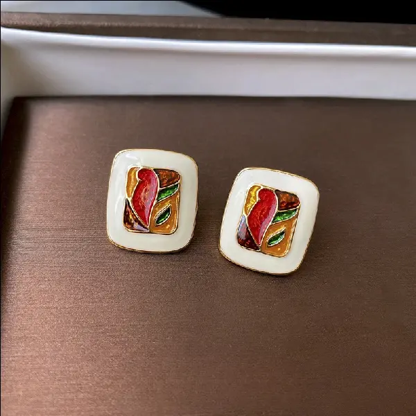 118# Silver Needle Pattern Oil Drop Square Stud Earrings,tkmbeautysupply.com