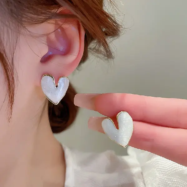 Pearlescent White-Silver Needle Oil Drop Love Earrings,tkmbeautysupply.com